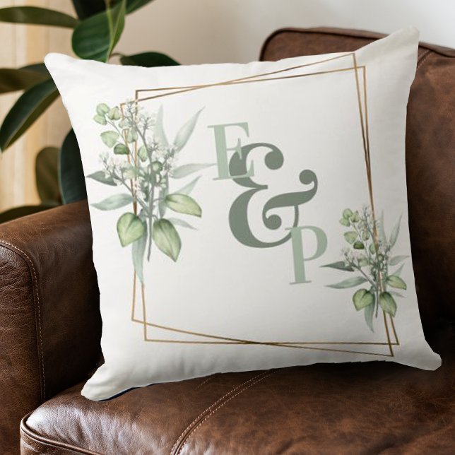 Elegant Eucalyptus Gold Frame Monogram Initials  Throw Pillow (Creator Uploaded)