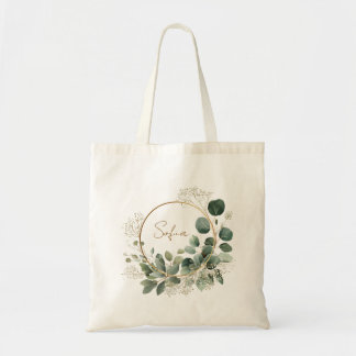 Elegant Eucalyptus Gold Frame Personalized Tote Bag