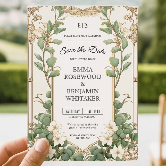 Elegant Eucalyptus Gold Frame Save the Date Card (Creator Uploaded)