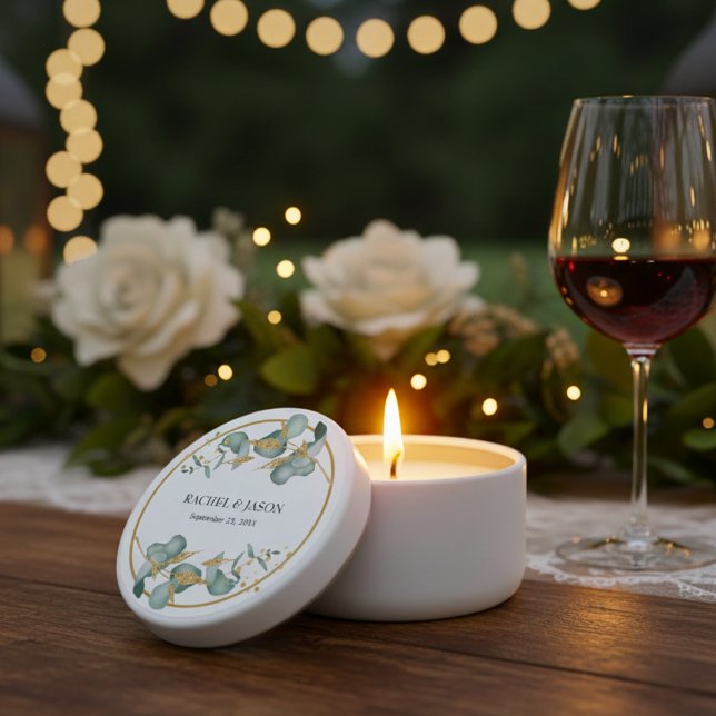 Elegant Eucalyptus Gold Glitter Greenery Wedding Mini Candle Favors (Elegant personalized wedding candle favor with eucalyptus leaves and gold glitter botanical design.)