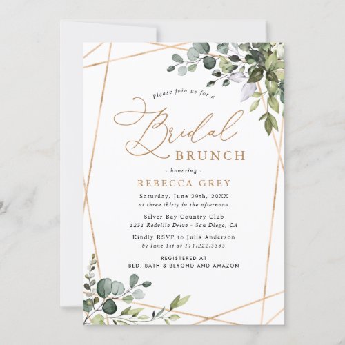 Elegant Eucalyptus Gold Greenery Bridal Brunch Invitation