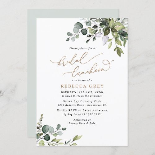 Elegant Eucalyptus Gold Greenery Bridal Luncheon Invitation - This elegant Boho Greenery collection features mixed watercolor greenery leaves paired with a classy serif & delicate sans font in black, with a monogram on the back. Matching items available.