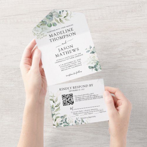 Elegant Eucalyptus Gold Greenery QR Code Wedding All In One Invitation