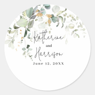Elegant Eucalyptus Gold Greenery Wedding  Classic Round Sticker