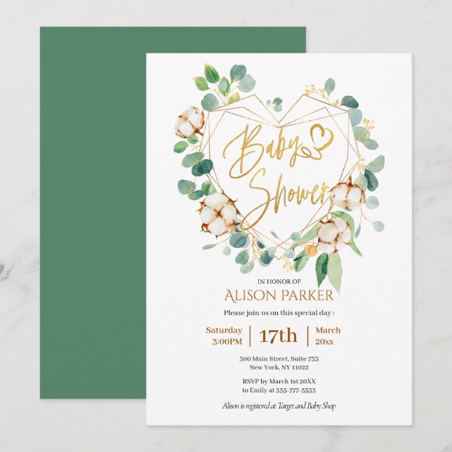 Elegant Eucalyptus Gold Heart Wreath Baby Shower Invitation (Front/Back)
