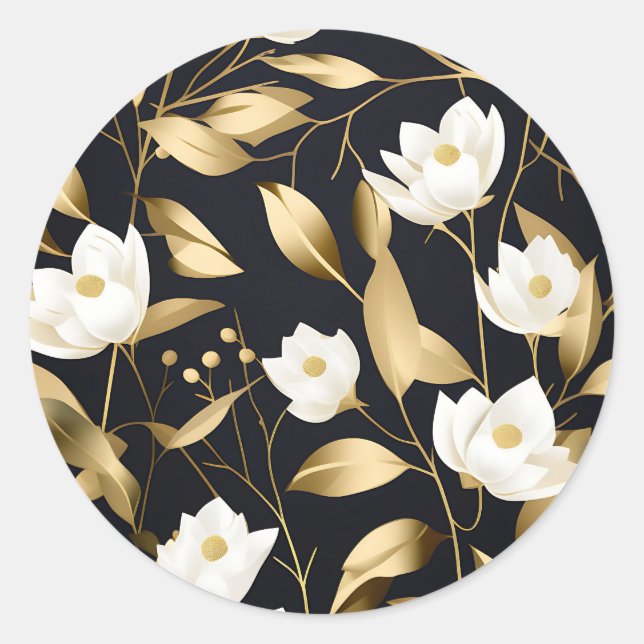 Elegant Eucalyptus Gold on Black Classic Round Sticker (Front)