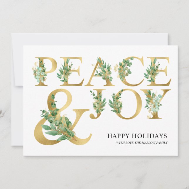 Elegant Eucalyptus Gold Peace and Joy Family Photo Holiday Card (Front)