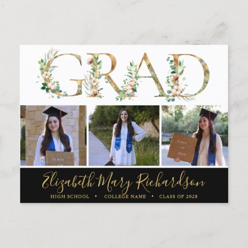 Elegant Eucalyptus Gold Script 3 Photo Graduation Postcard