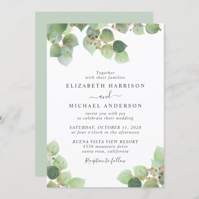 Elegant Eucalyptus Gold Watercolor Wedding Invitation