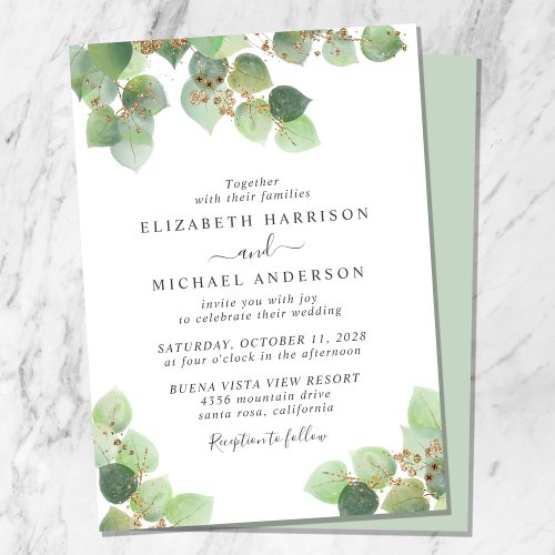 Elegant Eucalyptus Gold Watercolor Wedding Invitation