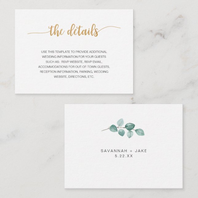 Elegant Eucalyptus Gold wedding info details card (Front/Back)