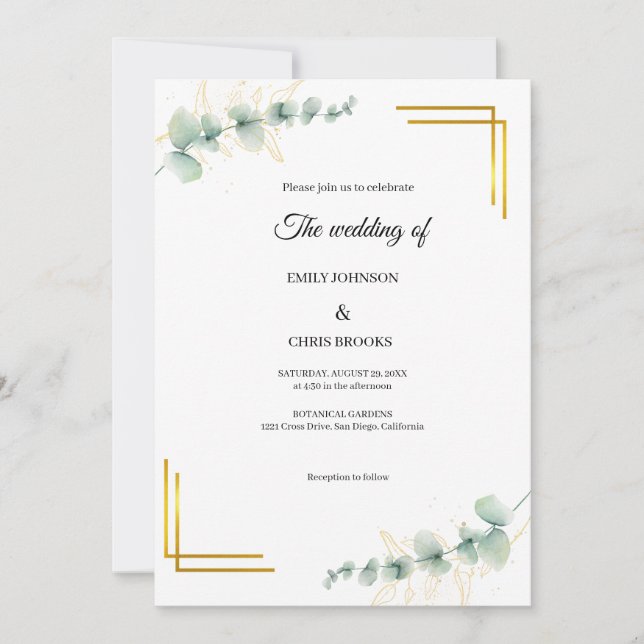 Elegant Eucalyptus Gold Wedding  Invitation (Front)