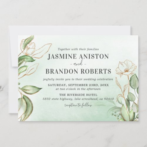 Elegant Eucalyptus Gold Wedding Invitation - Trendy eucalyptus wedding invitations featuring a chic green watercolor wash background, elegant lush green botanical foliage, gold accents, and a modern wedding text template that is easy to personalize.