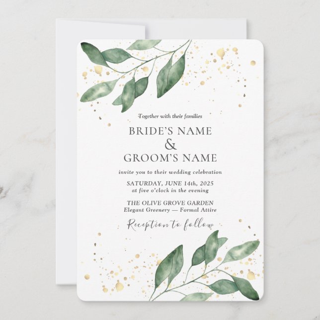 Elegant Eucalyptus Gold Wedding Invitation (Front)