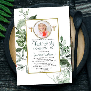 Elegant Eucalyptus Golden Photo First Communion Invitation