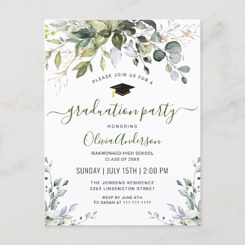 Elegant Eucalyptus Graduation Party Invitation Postcard - Elegant Eucalyptus Graduation Party Invitation Postcard.