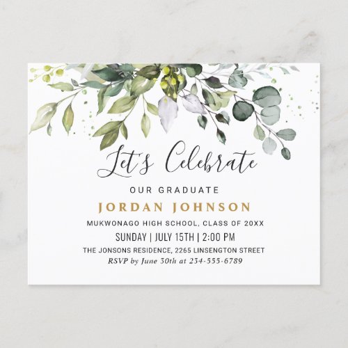 Elegant Eucalyptus Graduation Party Invitation Postcard - Elegant Eucalyptus Graduation Party Invitation Postcard.