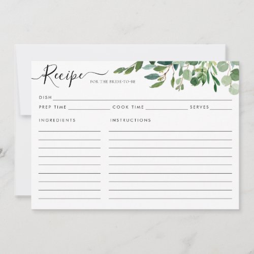 Elegant Eucalyptus Green Bridal Shower Recipe Card