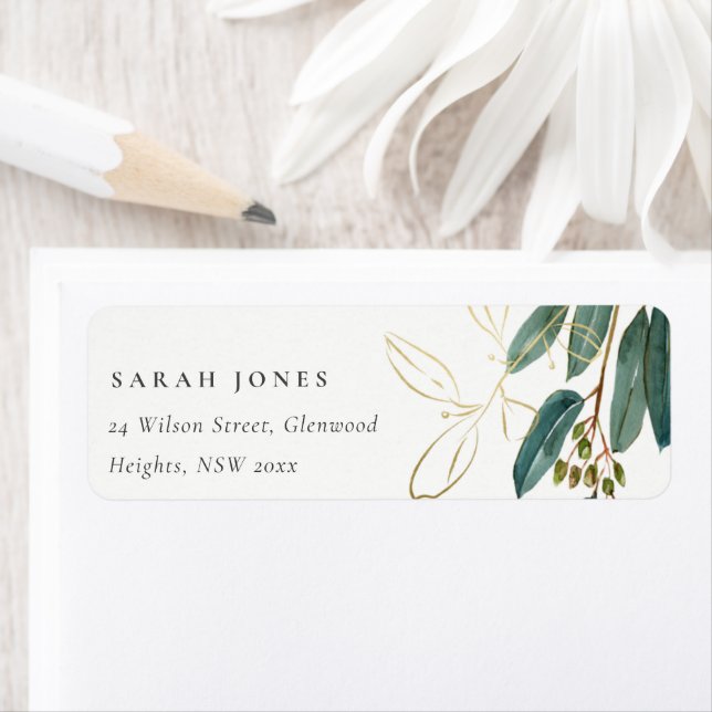ELEGANT EUCALYPTUS GREEN GOLD FOLIAGE ADDRESS LABEL (Insitu)