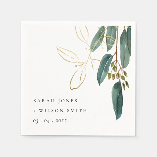 Elegant Eucalyptus Green Gold Foliage Wedding Napkins (Front)