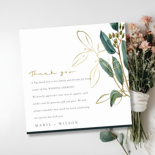 ELEGANT EUCALYPTUS GREEN GOLD FOLIAGE WEDDING THANK YOU CARD