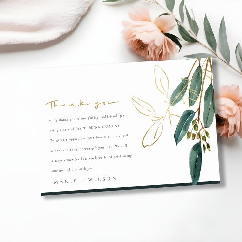 ELEGANT EUCALYPTUS GREEN GOLD FOLIAGE WEDDING THANK YOU CARD