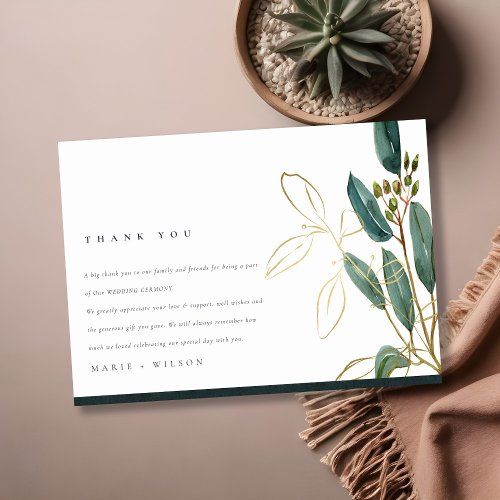 Elegant Eucalyptus Green Gold Foliage Wedding  Thank You Card