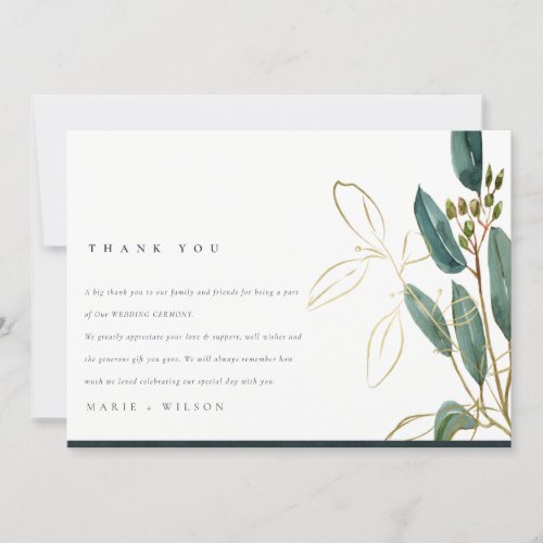 Elegant Eucalyptus Green Gold Foliage Wedding  Thank You Card
