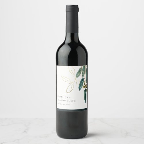 ELEGANT EUCALYPTUS GREEN GOLD FOLIAGE WEDDING  WINE LABEL