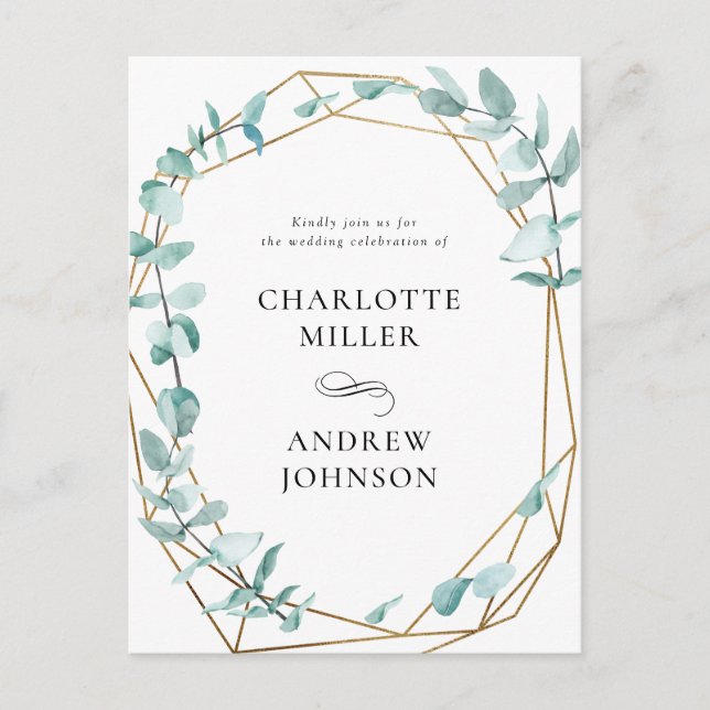 Elegant Eucalyptus Green Gold Invitation Postcard (Front)