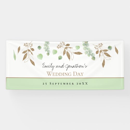 Elegant Eucalyptus Green Gold Names Date Wedding Banner