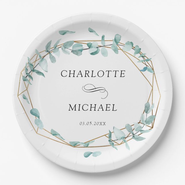 Elegant Eucalyptus Green Gold Paper Plates (Front)