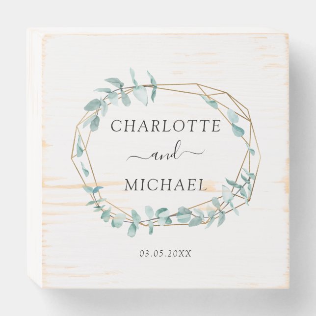 Elegant Eucalyptus Green Gold Wedding Wooden Box Sign (Front Horizontal)