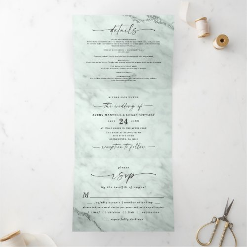 Elegant Eucalyptus Green Metallic Marble Wedding Tri_Fold Invitation