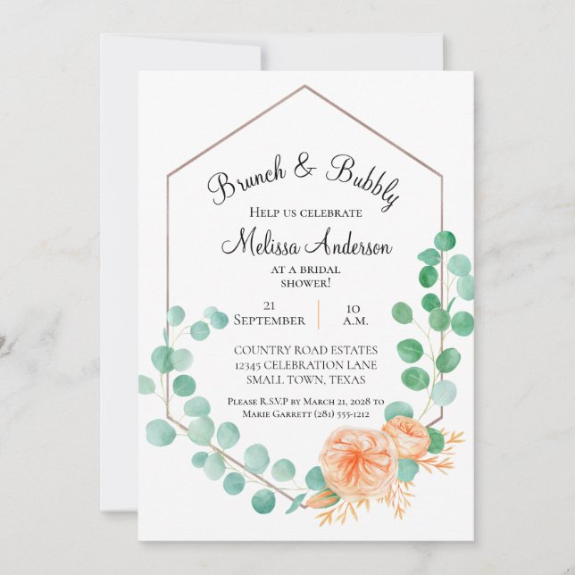 Elegant Eucalyptus Green Peach Bridal Brunch (Front)