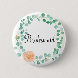 Elegant Eucalyptus Green Peach Floral Bridesmaid Button