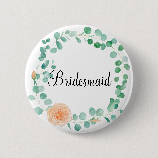 Elegant Eucalyptus Green Peach Floral Bridesmaid Button (Front)