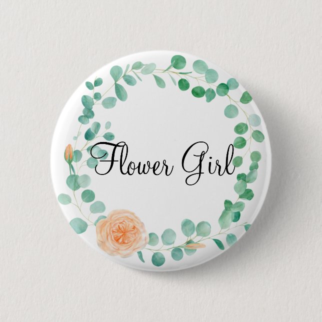 Elegant Eucalyptus Green Peach Floral Flower Girl Button (Front)