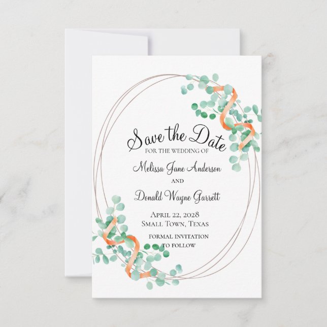 Elegant Eucalyptus Green Peach Floral Save The Date (Front)