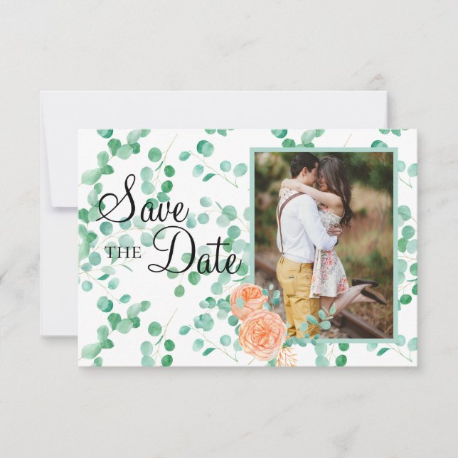 Elegant Eucalyptus Green Peach Floral Save The Date (Front)
