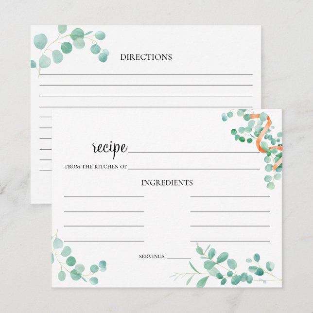 Elegant Eucalyptus Green Peach Wedding Recipe Card (Front/Back)