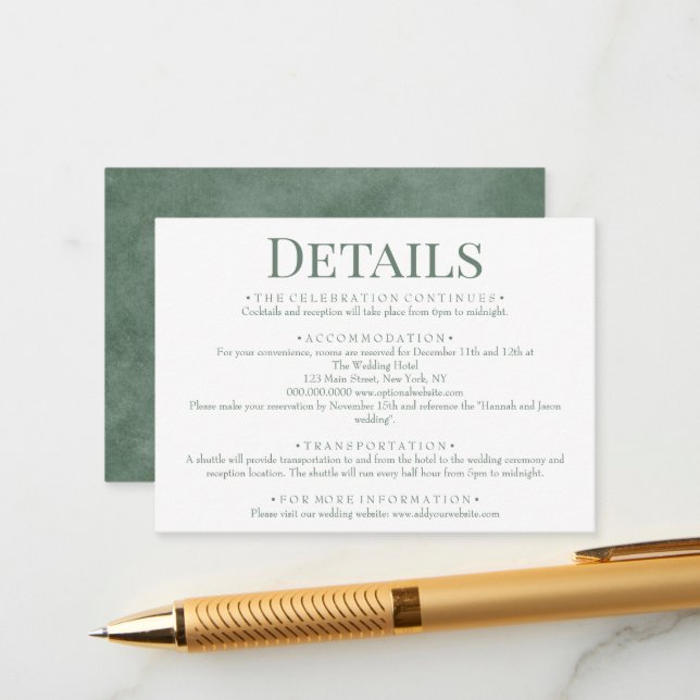 Elegant Eucalyptus Green Wedding Details Enclosure Card (Front/Back In Situ)