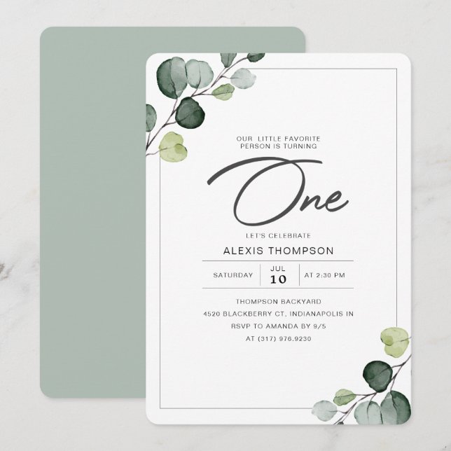 Elegant Eucalyptus Greenery 1st Birthday Party Invitation (Front/Back)