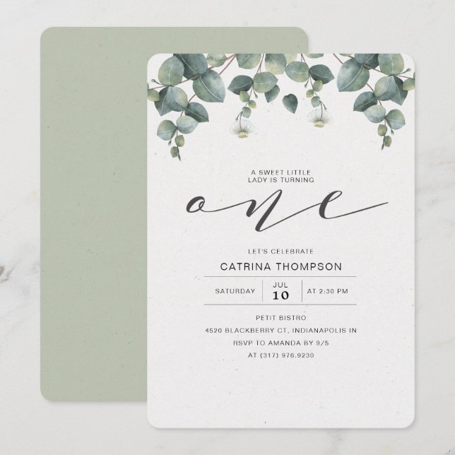 Elegant Eucalyptus Greenery 1st Birthday Party Invitation (Front/Back)