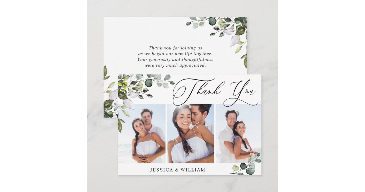Elegant Eucalyptus Greenery 3 PHOTO Wedding Thank You Card | Zazzle
