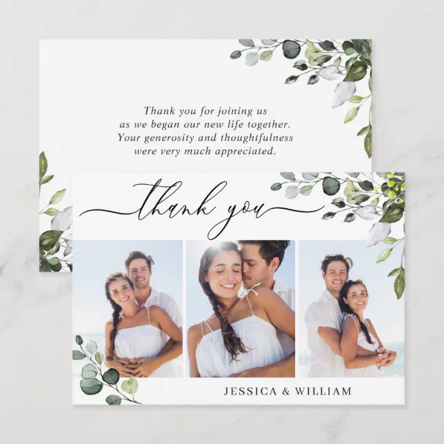 Elegant Eucalyptus Greenery 3 PHOTO Wedding Thank You Card | Zazzle