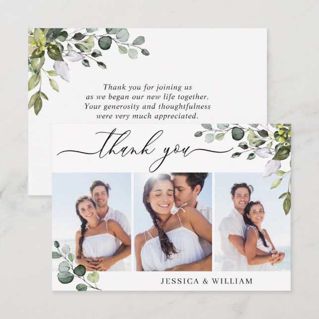 Elegant Eucalyptus Greenery 3 PHOTO Wedding Thank You Card (Front/Back)