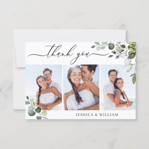 Elegant Eucalyptus Greenery 3 PHOTO Wedding Thank You Card