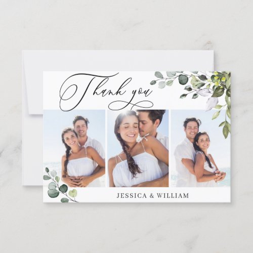 Elegant Eucalyptus Greenery 3 PHOTO Wedding Thank You Card