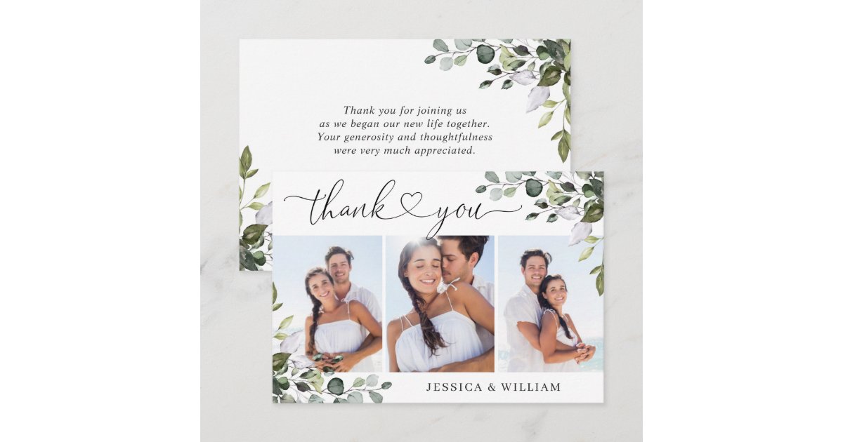 Elegant Eucalyptus Greenery 3 PHOTO Wedding Thank You Card | Zazzle
